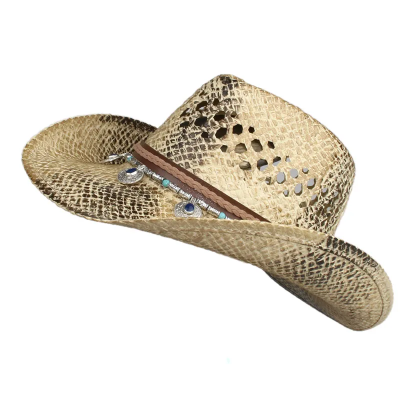 

Retro Ethnic Style Leather Band Belt Breath Hollowed Out Women Men Unisex Straw Wide Brim Beach Cowboy Cowgirl Western Sun Hat