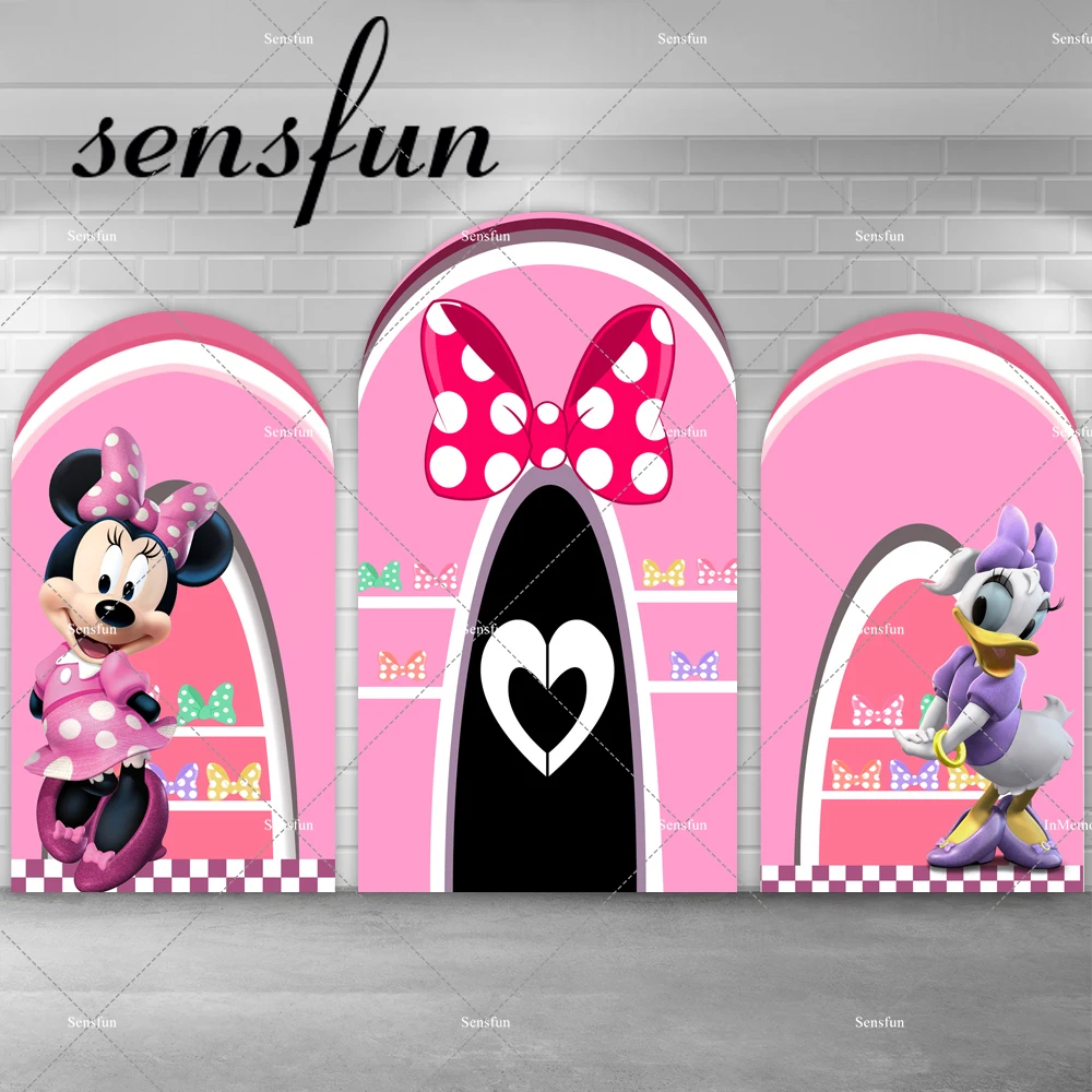 

Cute Pink Minnie Mouse Arch Backdrop Cover Girls Baby Shower Birthday Party Background Daisy Bow House Chiara Wall Banner