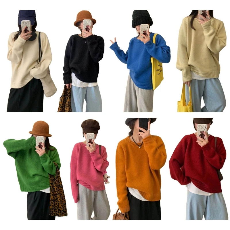 

Women Casual Loose Crew Neck Sweater Knitwear Raglan Long Sleeve Candy Color Thick Knit Jumpers Pullover Top Streetwear Dropship