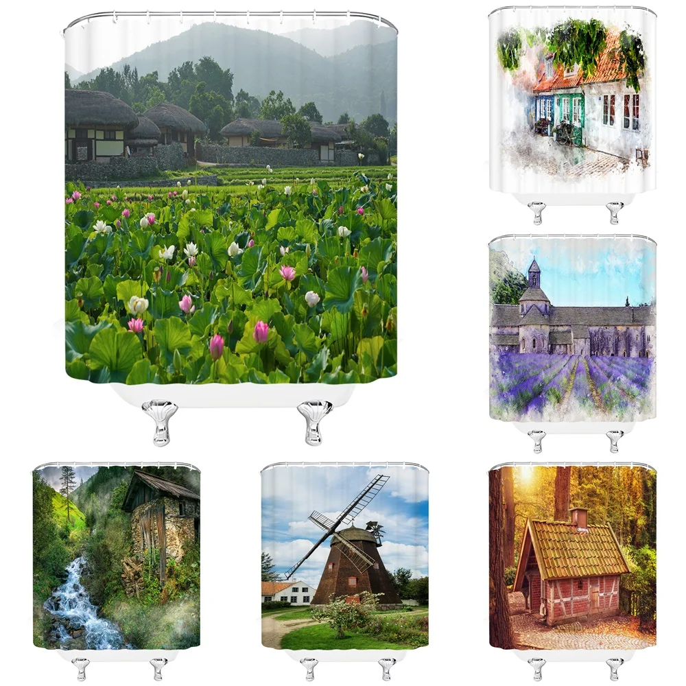 

Lotus Flower Leaf Summer Scenery Shower Curtains Windmill Country House Forest Bathroom Decor Fabric Bath Curtain Set With Hooks