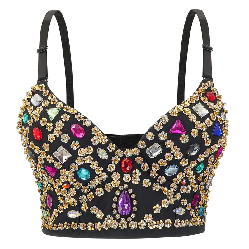 

Multicolored Rhinestones & Floral Sequined Rave Rock Club Party Bralette Crop Top Push Up Sexy Bra Luxury Brassiere For Women