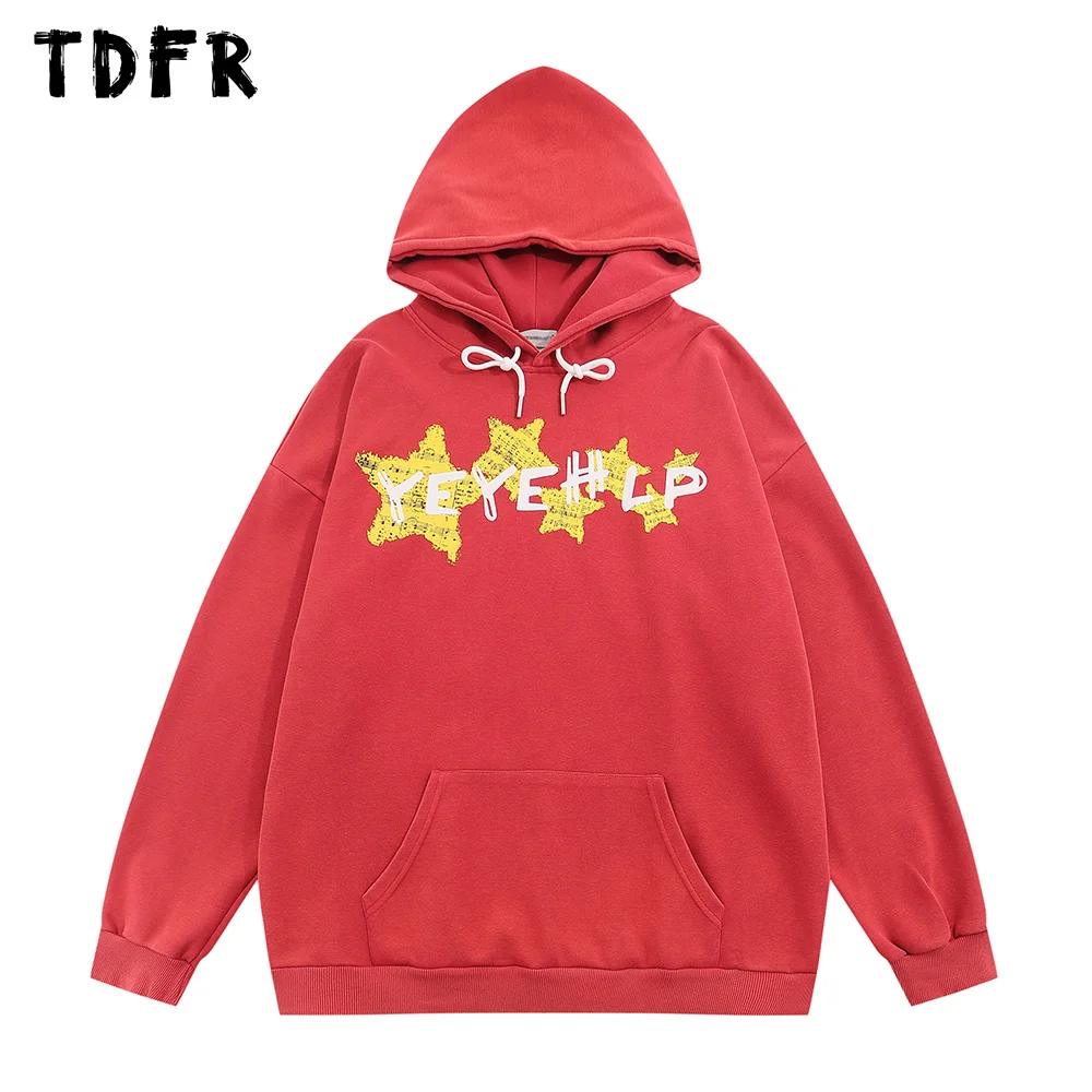 

Five-pointed Star Print Hooded Sweatshirts Mens Washed Distressed Autumn Casual Loose Long Sleeve Sweatshirts Men