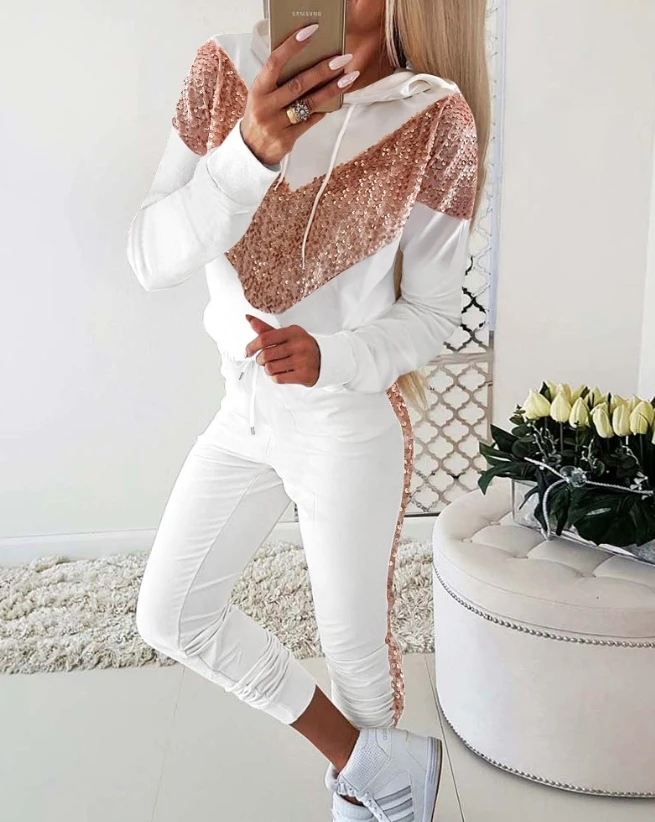 Elegant Women Two Piece Sets Outfit Colorblock Contrast Sequin Drawstring Hooded Top Pants Set 2023 Autumn Spring Fashion Casual
Elegant Women Two Piece Sets Outfit Colorblock Contrast Sequin Drawstring Hooded Top Pants Set 2023 Autumn Spring Fashion Casual