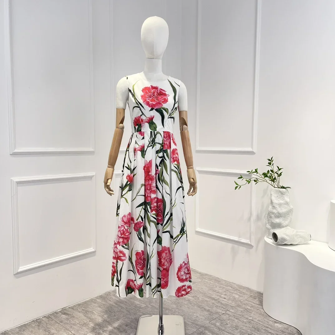 

Cotton Top Quality 2023 Latest White Spring Summer Elegant Flower Printing Casual Sleeveless Pleat Woman Midi Dress