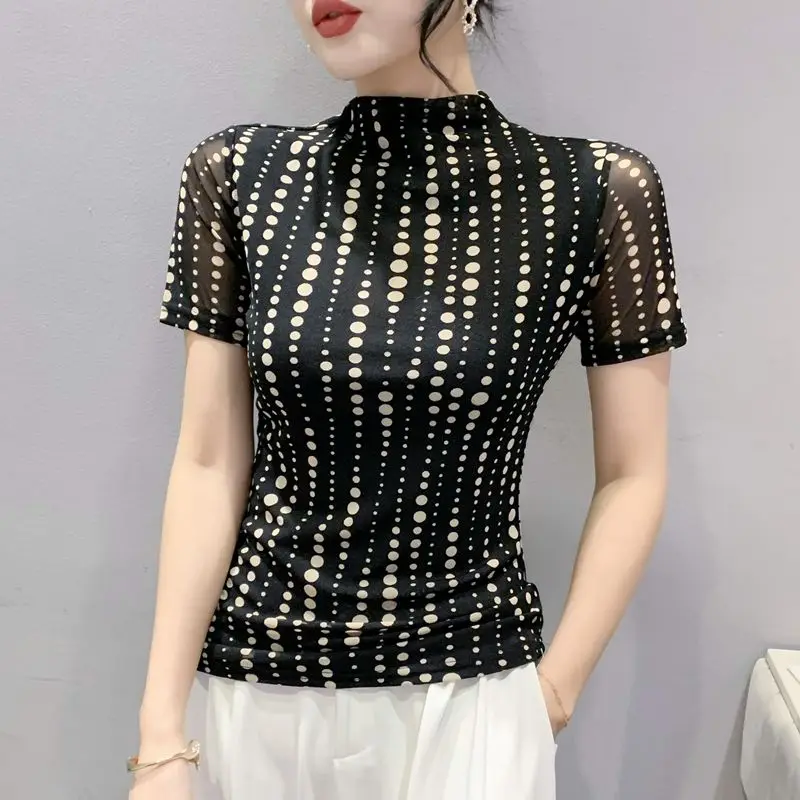2023 New Summer European Clothes Mesh T-Shirt Fashion Sexy Mock Neck Print Polka Dot Women Short Sleeve Tops Pullover Tees 32365
2023 New Summer European Clothes Mesh T-Shirt Fashion Sexy Mock Neck Print Polka Dot Women Short Sleeve Tops Pullover Tees 32365