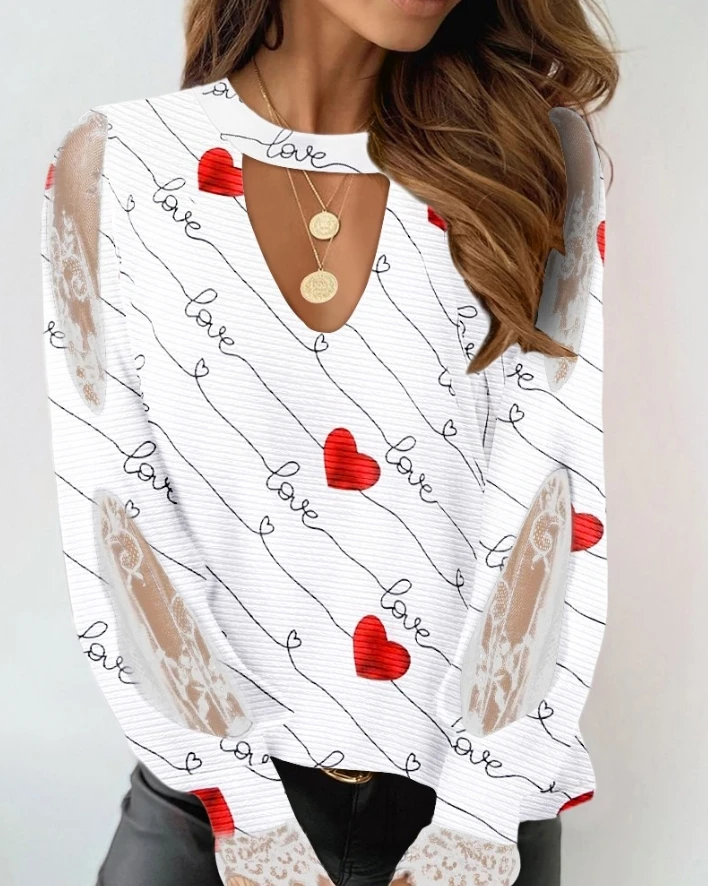 

Women Clothing Casual Heart Love Print Contrast Lace Top New Spring Summer New Slim Hollow Out Semi-Sheer Keyhole Neck Blouse