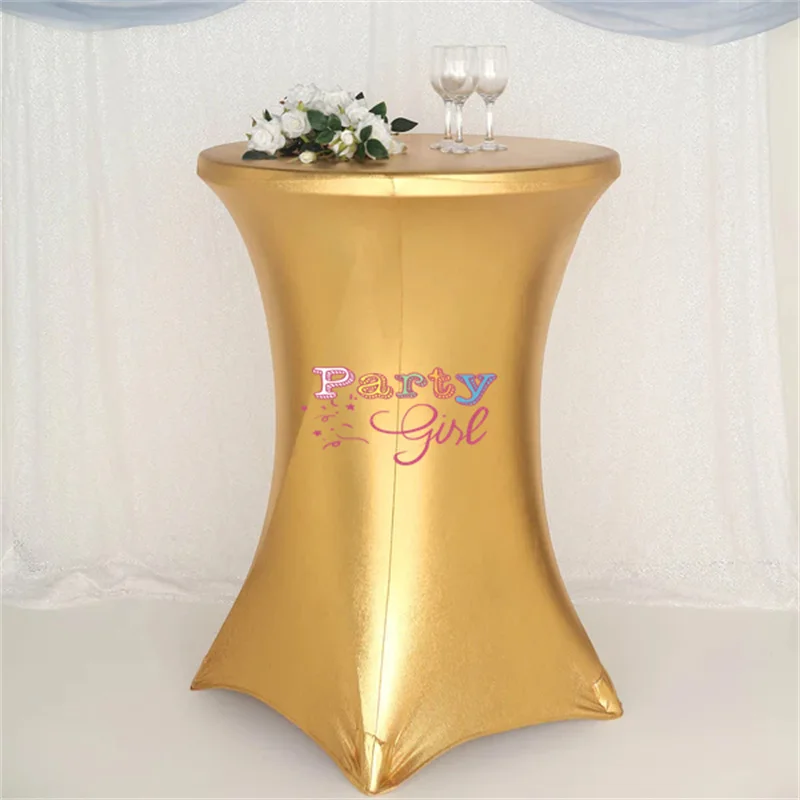 

Nice Looking Bronzing Metallic Cocktail Table Cover Stretch Spandex Table Cloth Out Door Wedding Event Party Decoation