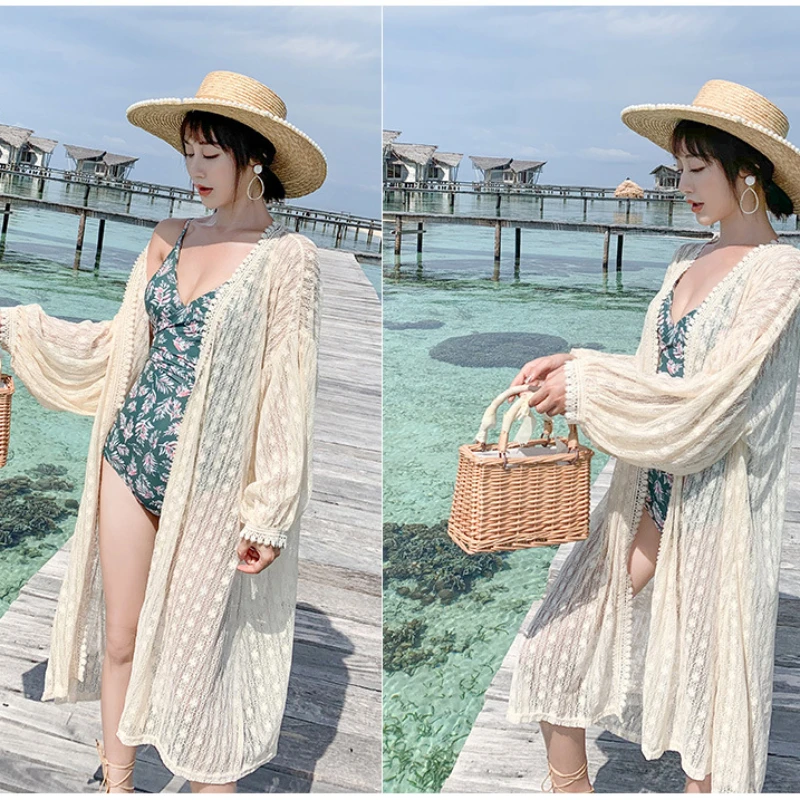

Beach Blouse Women Bikini Long Cover-Ups Lace Crochet Hollow Out Cover Up Swimsuit Bathing Outer Seaside Vacation Spa Cardigan