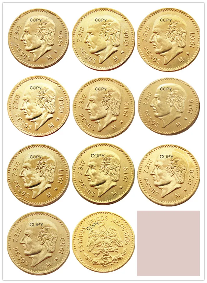 Смешанные даты (1905-1959), 10 шт. мексиканских песо, позолоченная копировальная монета
Смешанные даты (1905-1959), 10 шт. мексиканских песо, позолоченная копировальная монета