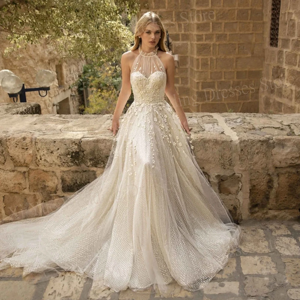 Modern Halter A Line Wedding Dresses Beautiful Appliques Lace Backless Sleeveless Tulle Bride Gowns Custom Made Robe De Mariée
Modern Halter A Line Wedding Dresses Beautiful Appliques Lace Backless Sleeveless Tulle Bride Gowns Custom Made Robe De Mariée