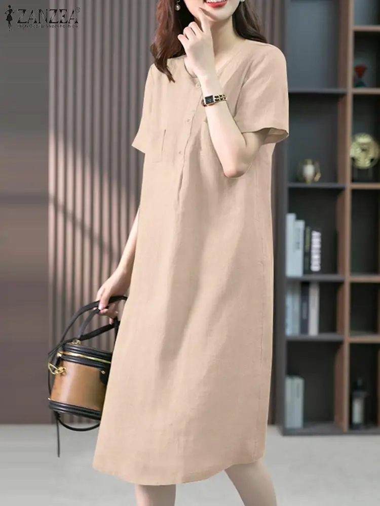 

Платье ZANZEA женское длинное в Корейском стиле, праздничное повседневное однотонное свободное ТРАПЕЦИЕВИДНОЕ с коротким рукавом и круглым вырезом, с карманами, лето 2024