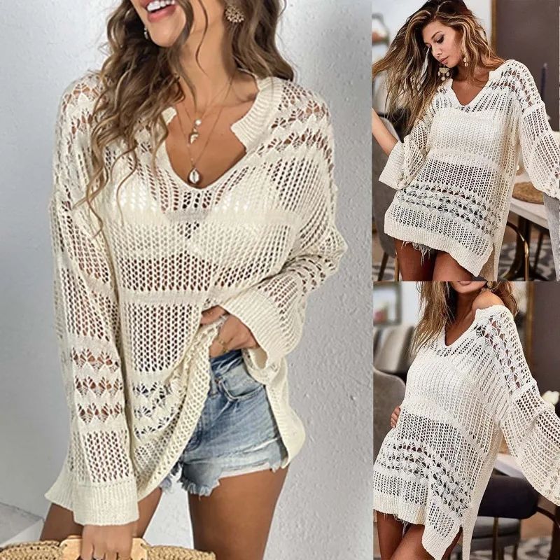 

2024 New Vintage Crochet Beach Cover-up Summer Chic Women Cutout Blouse Fashion U-neck Swimsuit Loose Ladies Casual Outerwear