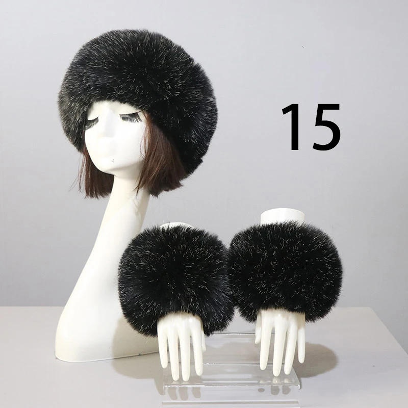 

3PC Women Winter Faux Fur Headband Hats Cuffs Set Russian Warm Plush Fur Cap + Clothing Cuffs Wrist Sleeve Gloves Fluffy Fur Cap