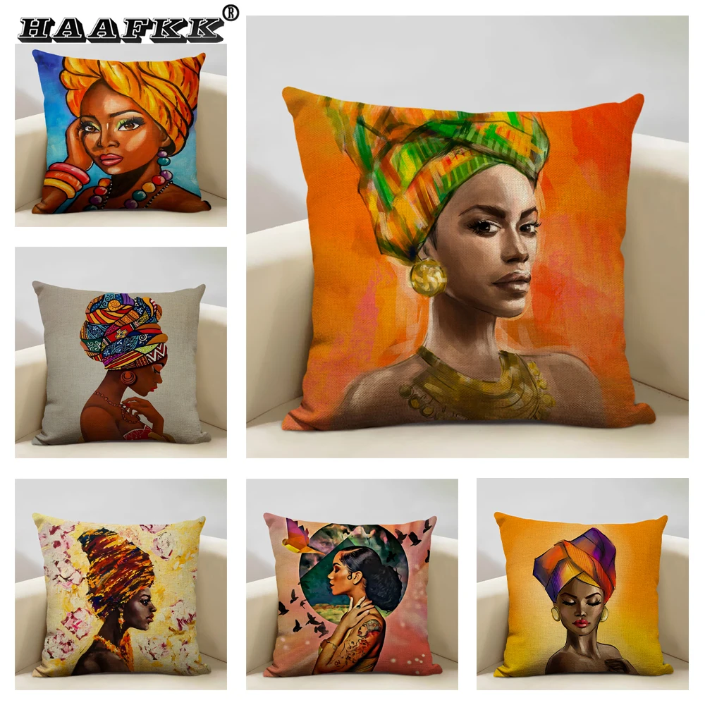 

African Lady Oil Painting Pillow Case Black Women Home Sofa Art Decoration Cushion Cover Linen Throw Pillowcase