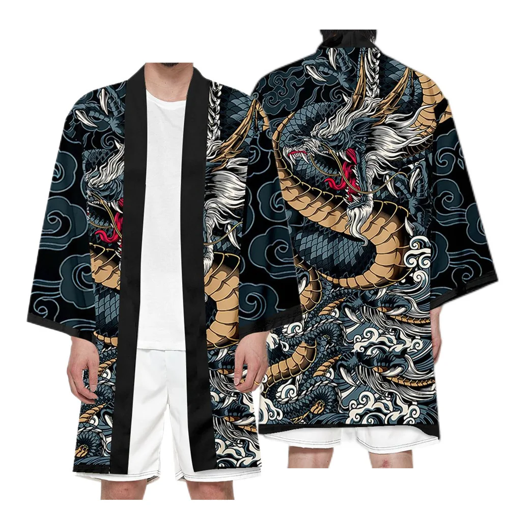 

Chinese Loong Printed Men Long Cardigan Samurai Costume Kimono Traditional Shirt Yukata Jacket Beach Shirt