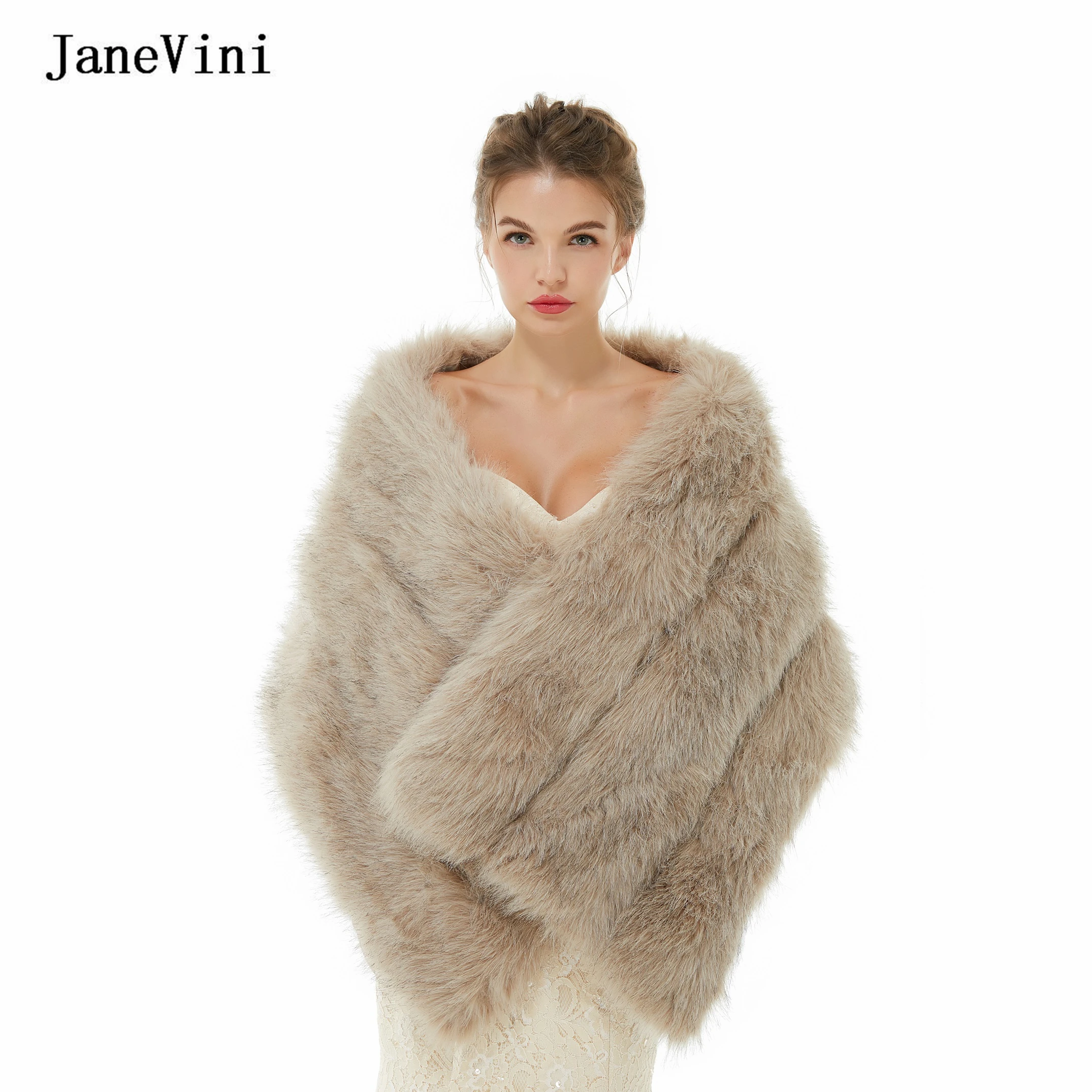 

JaneVini New Elegant Wedding Bolero Winter Bridal Shrug Faux Fur Shawls Wraps Women Jacket Party Coat Cloak Khaki Cape Fur Stole