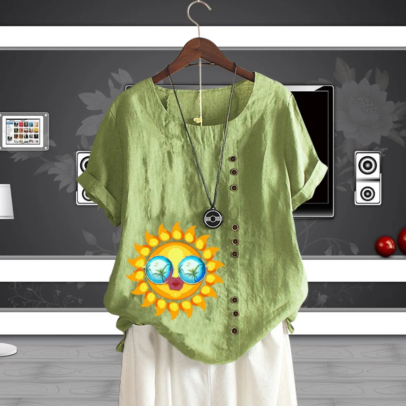 Cartoon Sun Pattern T Shirt Women's Clothing Lady's Round Neck Printed Loose Cotton Linen Short Sleeve Pullover Top for Summer
Cartoon Sun Pattern T Shirt Women's Clothing Lady's Round Neck Printed Loose Cotton Linen Short Sleeve Pullover Top for Summer
