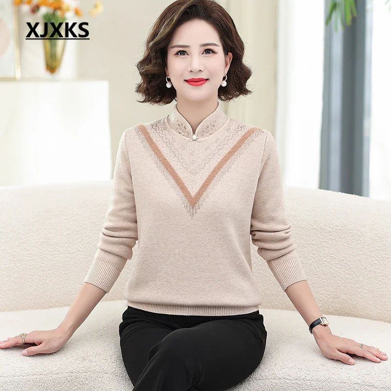 

XJXKS 2022 Winter New High End Wool Knitted Pullover Women's Cheongsam Collar Sweater Loose Oversize Diamond Jumper