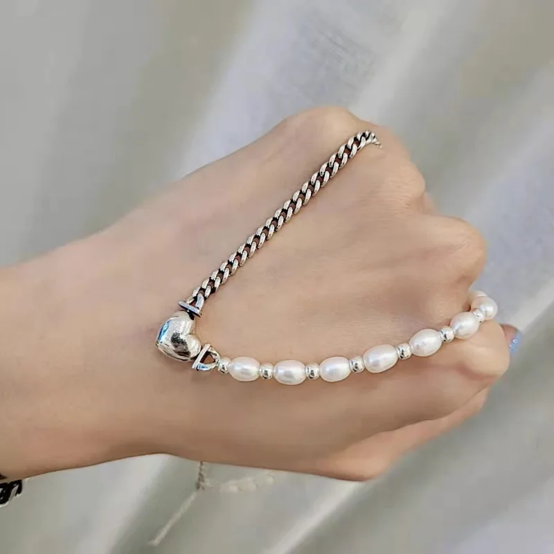 

Ожерелье из стерлингового серебра 925 пробы с жемчугом, цепочка в форме сердца, асимметричное, в стиле панк, регулируемое для женщин и девушек, ювелирное изделие, подарок, Прямая поставка, оптовая продажа