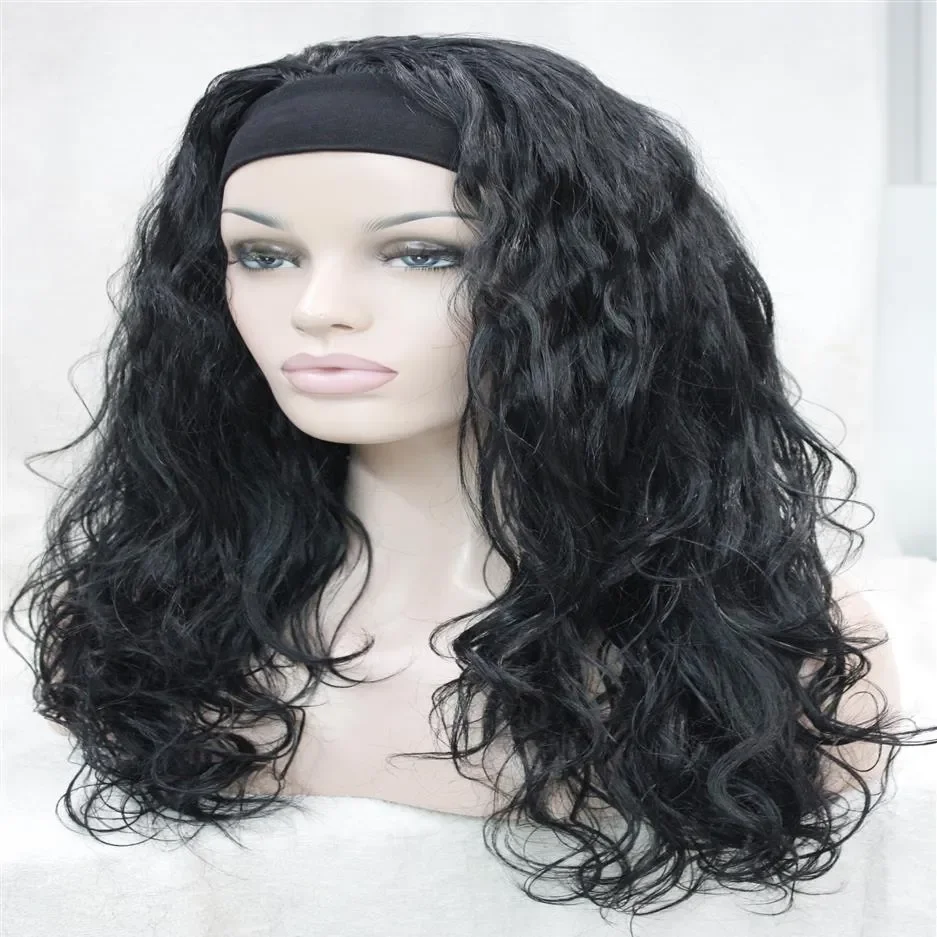 

charming healthy fashion jet black wavy Curly 3 4 wig with headband synthetic women's half wig