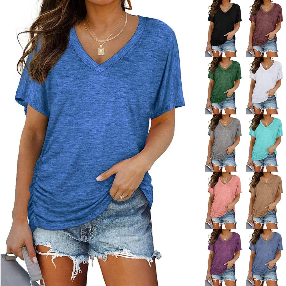 Women's New Solid Color Bat Sleeve Side Pleated V-neck Short-sleeved Women T-shirt Fashion Summer Female Casual All-match Top
Women's New Solid Color Bat Sleeve Side Pleated V-neck Short-sleeved Women T-shirt Fashion Summer Female Casual All-match Top