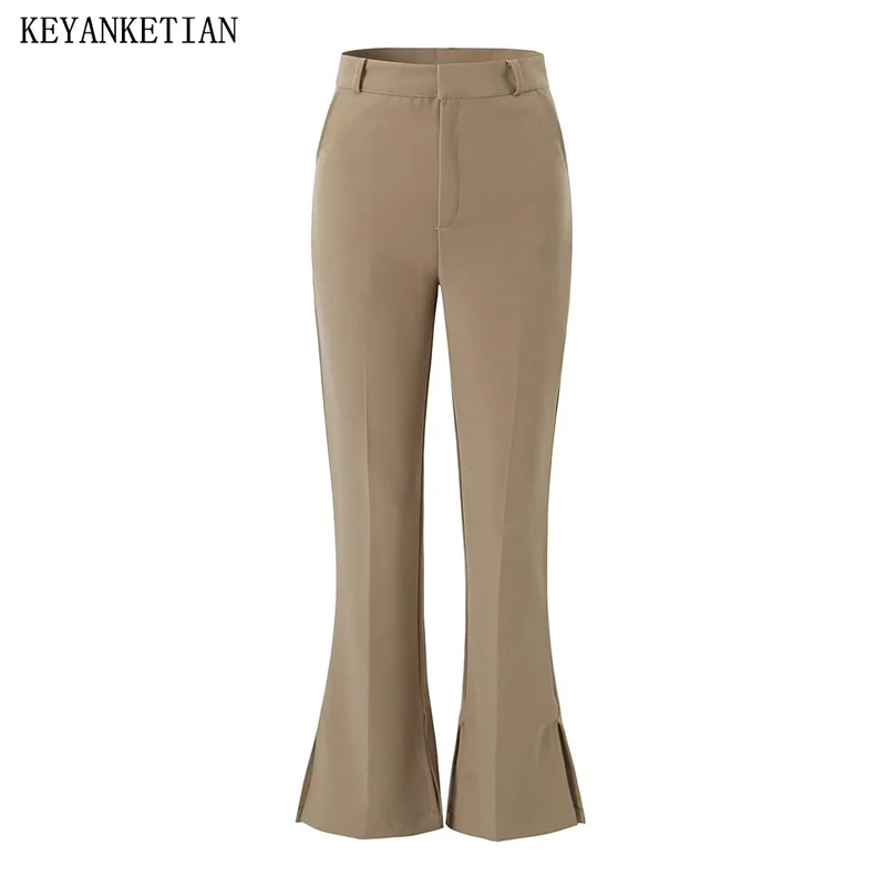 

KEYANKETIAN 2024 New Launch Women's Slit Bell-Bottomed Pants Stylish Simply Spring Zipper High-waisted Slim-Fit Trousers Female