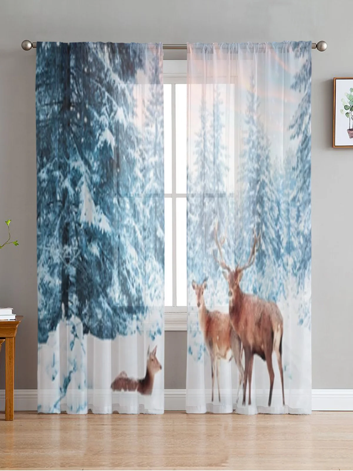 

Deer In A Snowy Winter Forest Sheer Curtains Bedroom Voile Curtain Living Room Window Sheer Curtains Kitchen Tulle Drapes