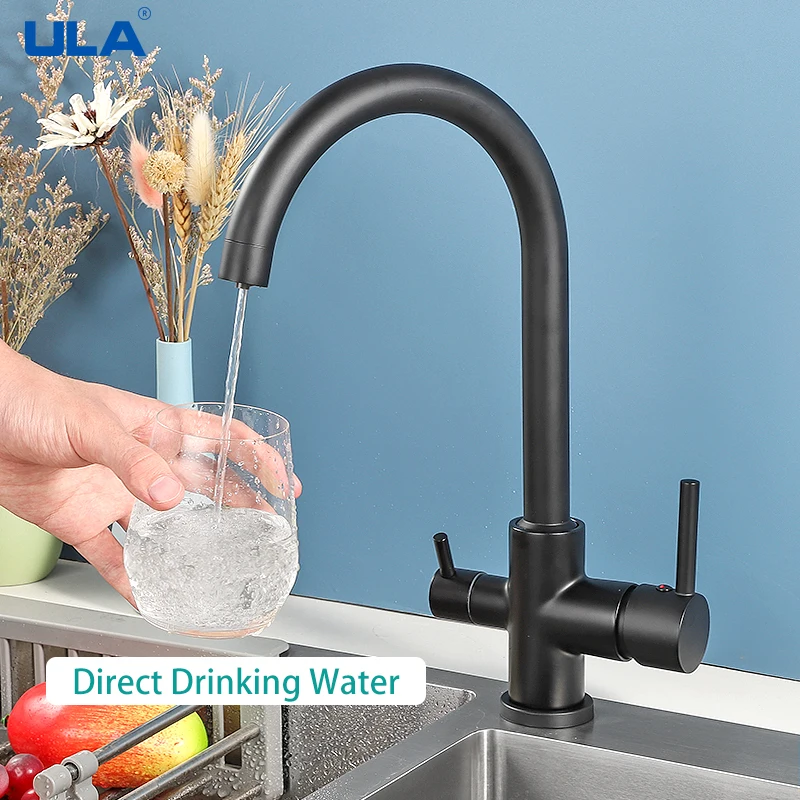 

ULA Drinking Water Kitchen Faucet 360 Rotate Black Kitchen Mixer Tap Filter Faucet Deck Mount Cold Hot Water Brass Sink Taps