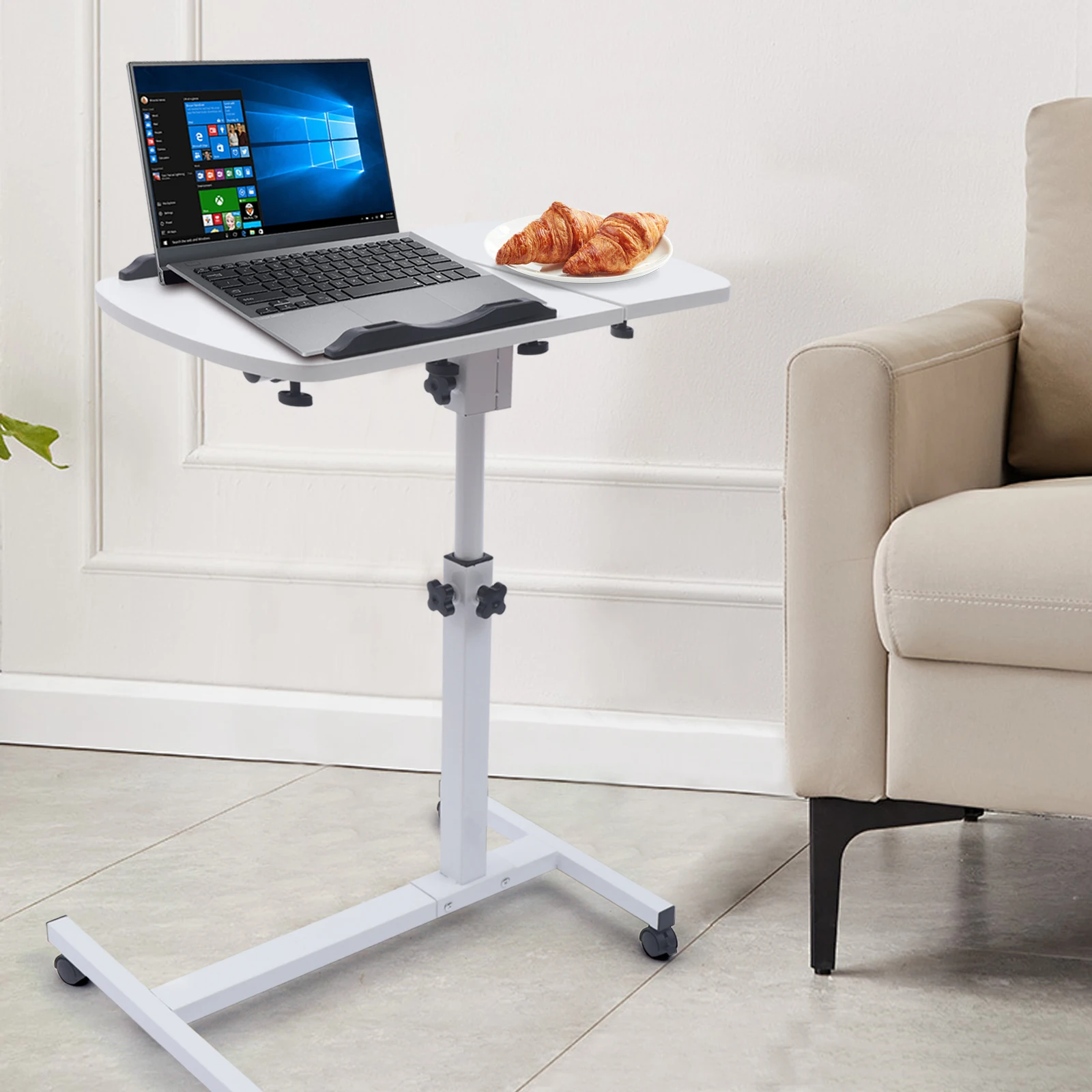 

Rolling Laptop Desk Stand Overbed Food Tray Rack Computer Bedside Table Height Angle Adjustable