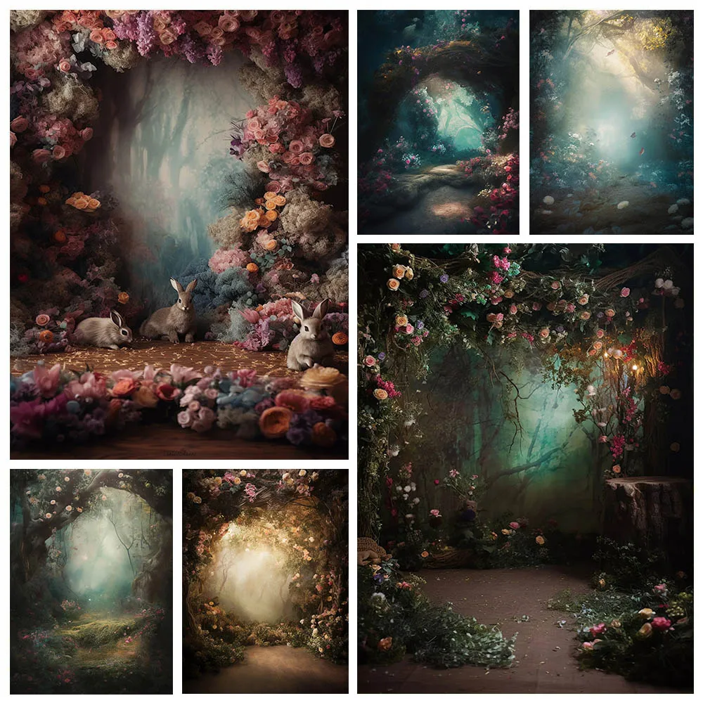 

Mehofond Spring Forest Wonderland Photo Backdrop Princess Birthday Pregant Portrait Flower Door Decor Photograph Background Prop