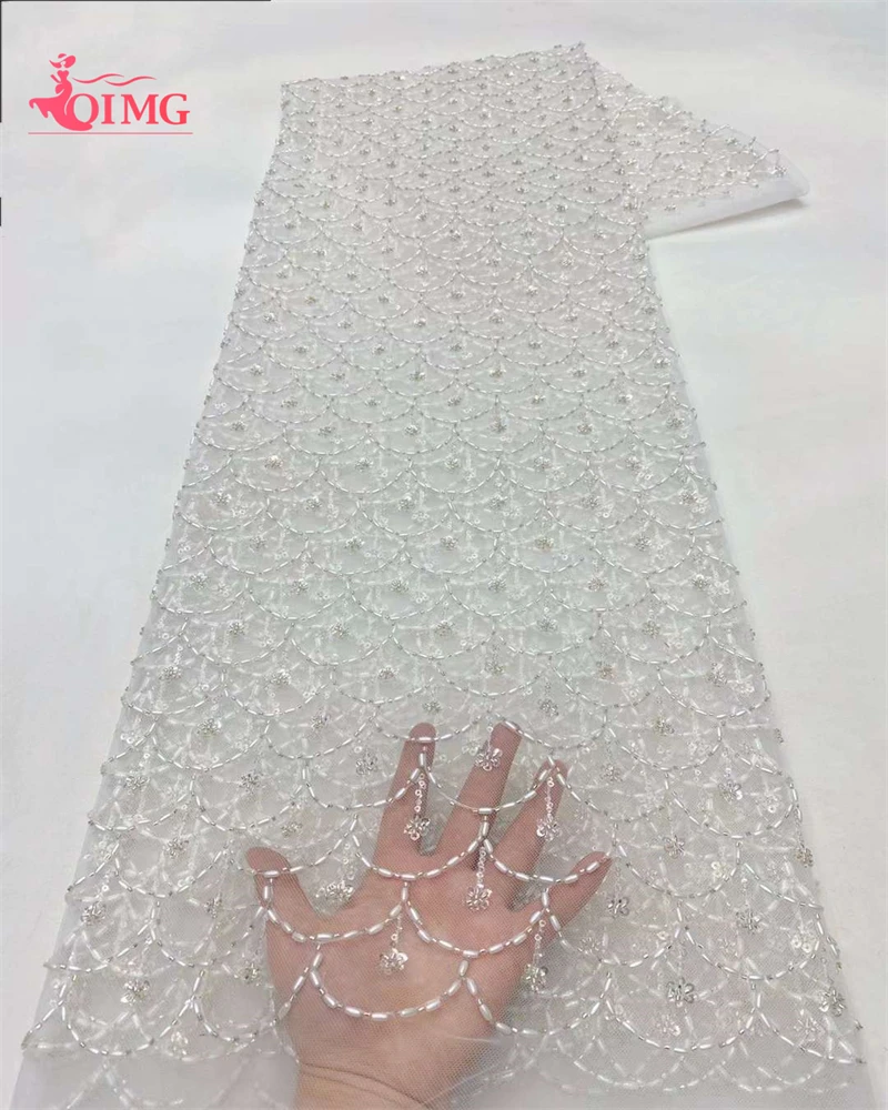 

OIMG 2024 African Tulle Beads Lace Fabric 5 Yards High Quality Nigerian Sequins Tulle Lace Fabric For Sewing Wedding Dress