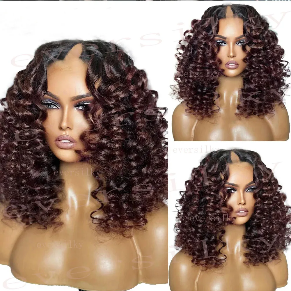 

Ombre 99J Burgundy Bouncy Curly V Part Wigs 100% Remy Human Hair Glueless Curl Middle/Side U Shape Wig Unprocessed Full Machine
