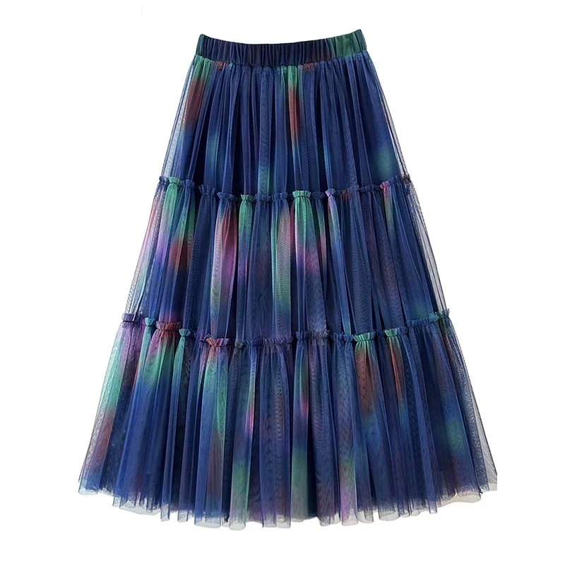

Fashionable Multicolour Maxi Tulle Skirt for Women New Aesthetic Tiered A Line High Waist Pleated Long Mesh Skirt Female P445