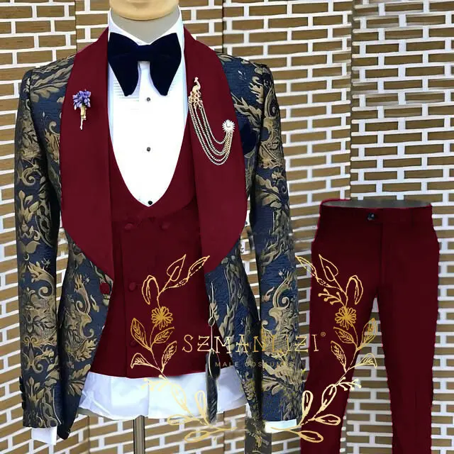 

Handsome Blue Gold Floral 3 Pieces Men Suit Set Shawl Lapel Mens Wedding Suits Formal Groom Tuxedo Costume (Jacket+pants+vest)