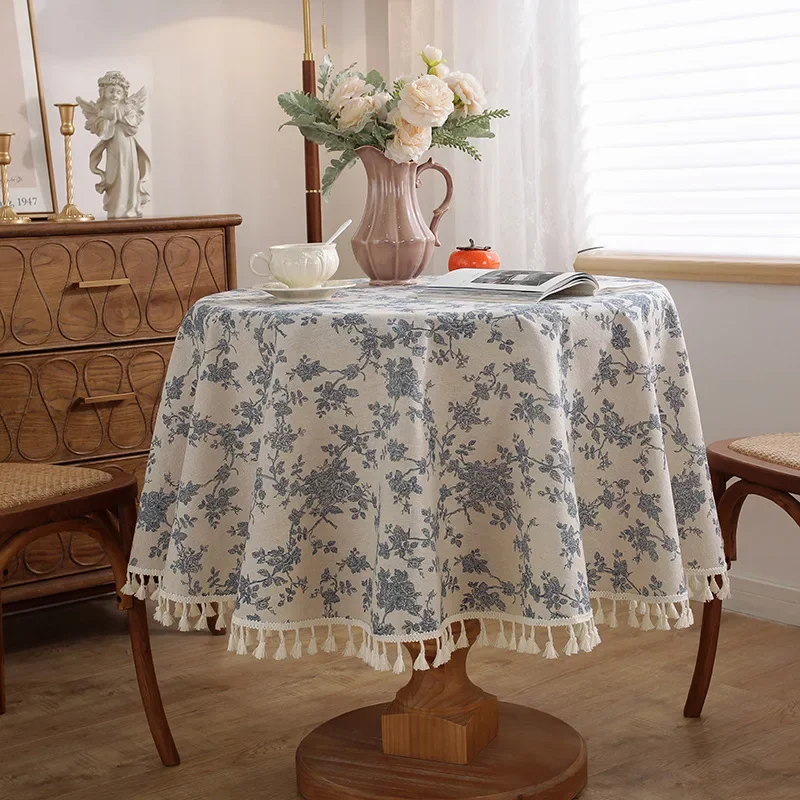 

Homestay Tassels Tablecloth New Cotton Linen Little Fresh Tablecloth Purplish Blue Floret Round Tablecloth Cover Towel Household