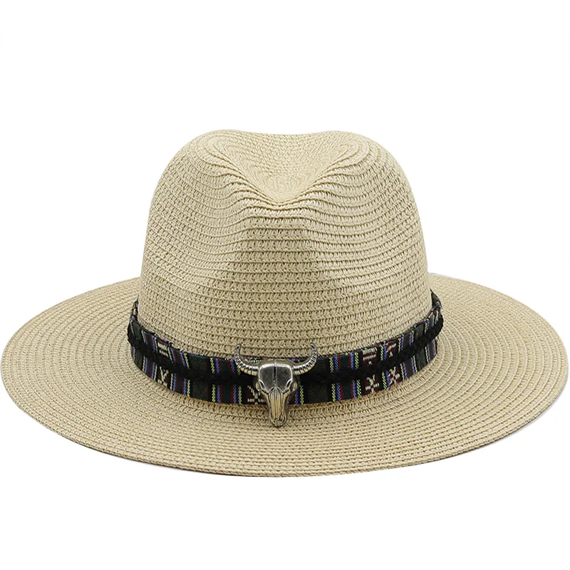 

New 58-60CM Western Cowgirl Hat Natural Panama Soft Shaped Straw Hats Women Tide Summer Outdoor Casual Men Jazz Beach Sun Cap