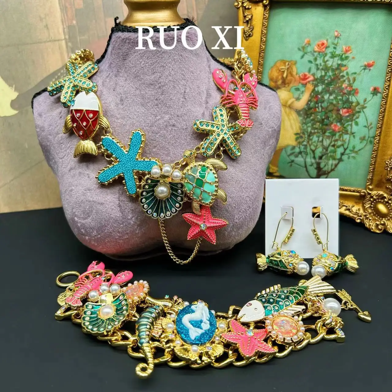 Antique Jewelry Enamel Ocean Starfish Conch Lobster Goldfish Pearl Necklace Bracelet Earrings Jewelry Set For Women Girls
Antique Jewelry Enamel Ocean Starfish Conch Lobster Goldfish Pearl Necklace Bracelet Earrings Jewelry Set For Women Girls