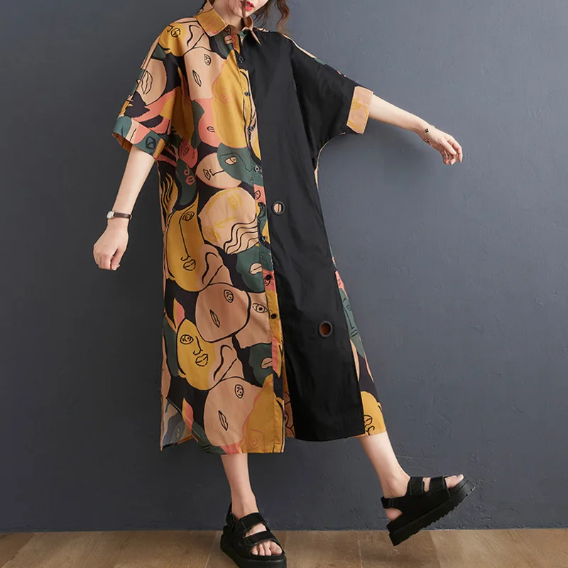 

#3415 Spliced Color Short Sleeve Shirt Dress Women Turn-down Collar Irregular Printed Retro Dress Short Sleeve Loose Summer