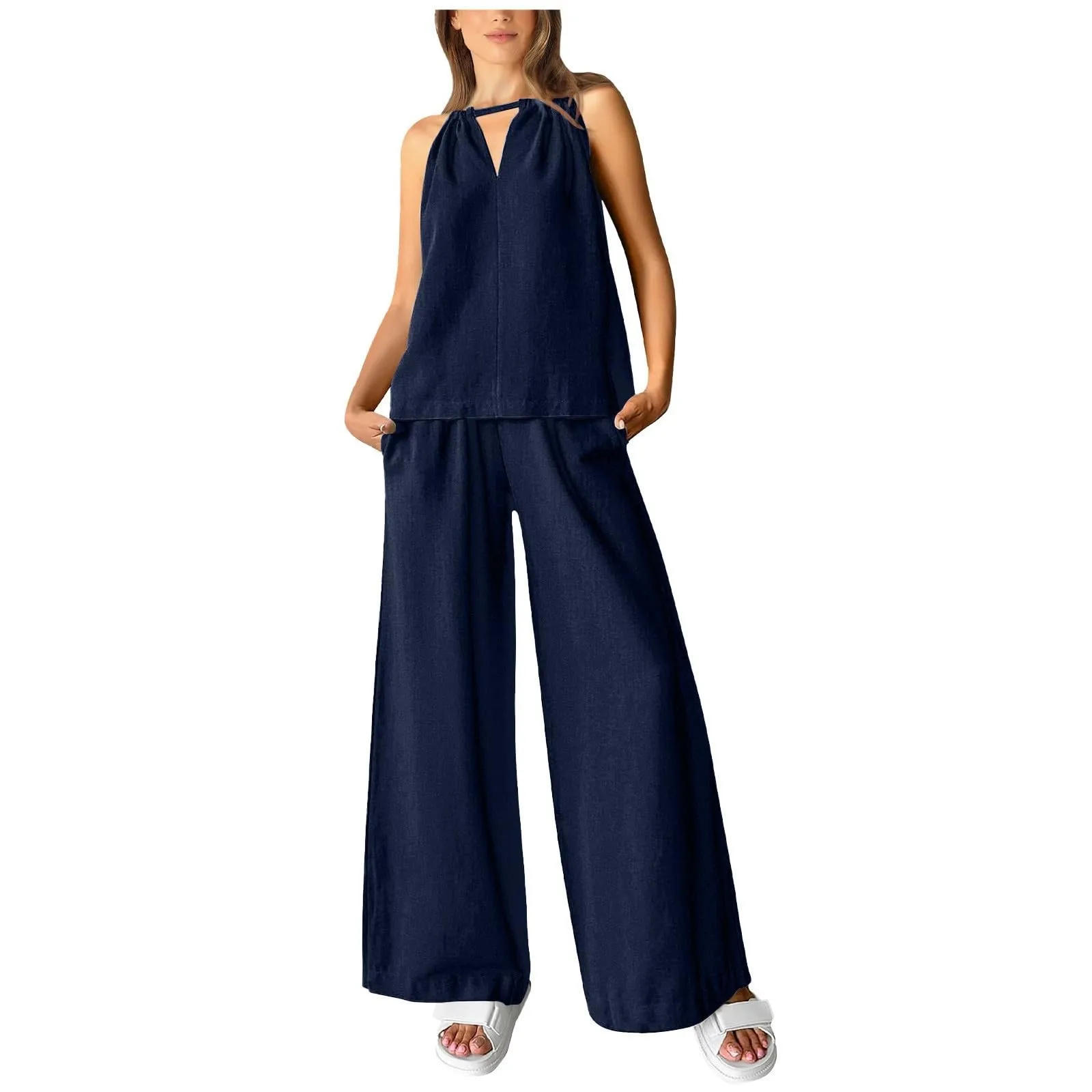Women'S Casual Summer Two Piece Outfits Cotton Linen Sets Cutout Sleeveless Top Wide Leg Pants Matching Set Elegant Woman
Women'S Casual Summer Two Piece Outfits Cotton Linen Sets Cutout Sleeveless Top Wide Leg Pants Matching Set Elegant Woman