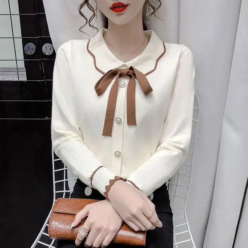 Solid Color Patchwork Bow Fashion Sweaters Women's Doll Collar Long Sleeved Single Breasted Knitted Pullover
Solid Color Patchwork Bow Fashion Sweaters Women's Doll Collar Long Sleeved Single Breasted Knitted Pullover