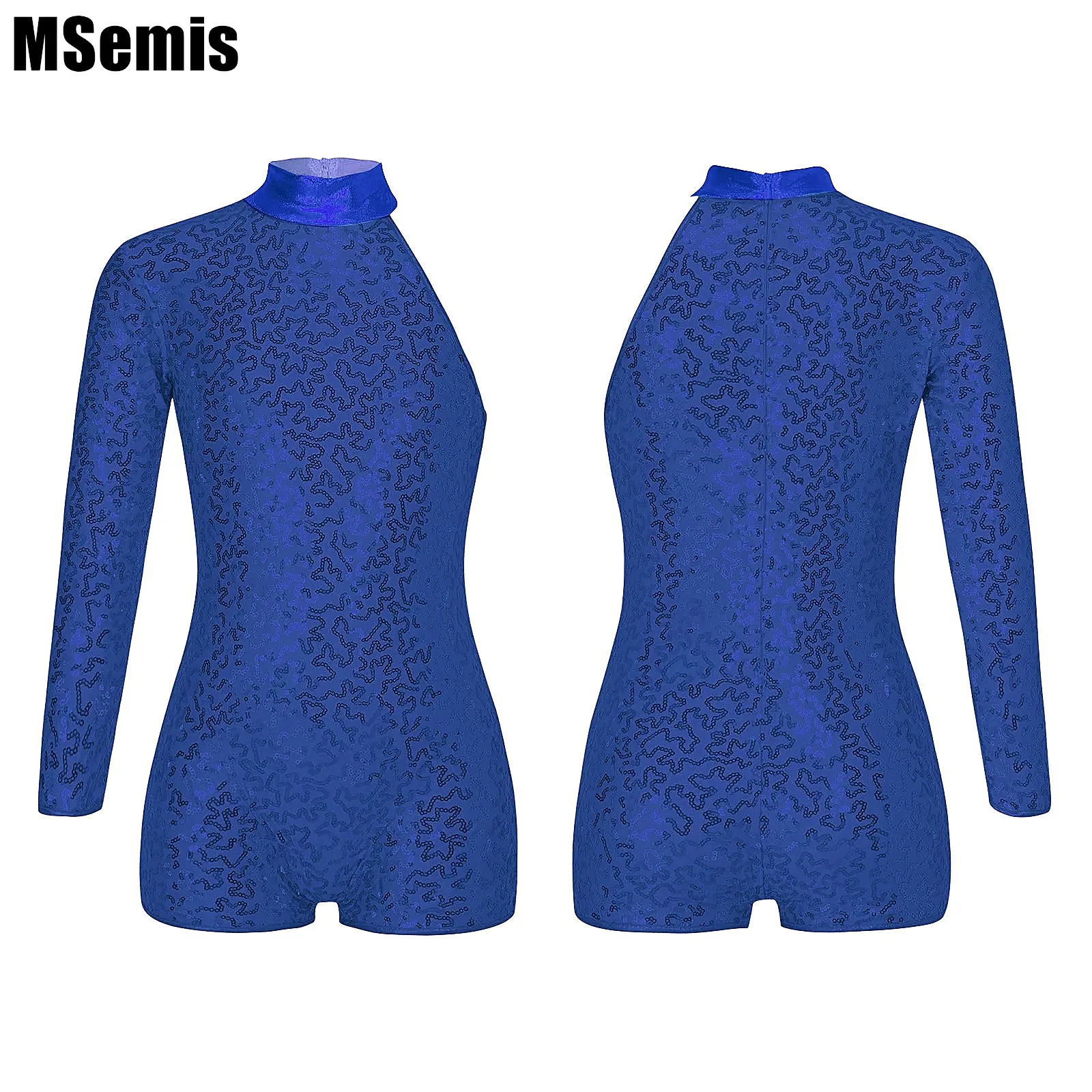 

Kids Girls Shiny Sequins Jazz Dance Leotards Single Long Sleeve Texture Decorated Invisible Zipper Closure Back Jumpsuit