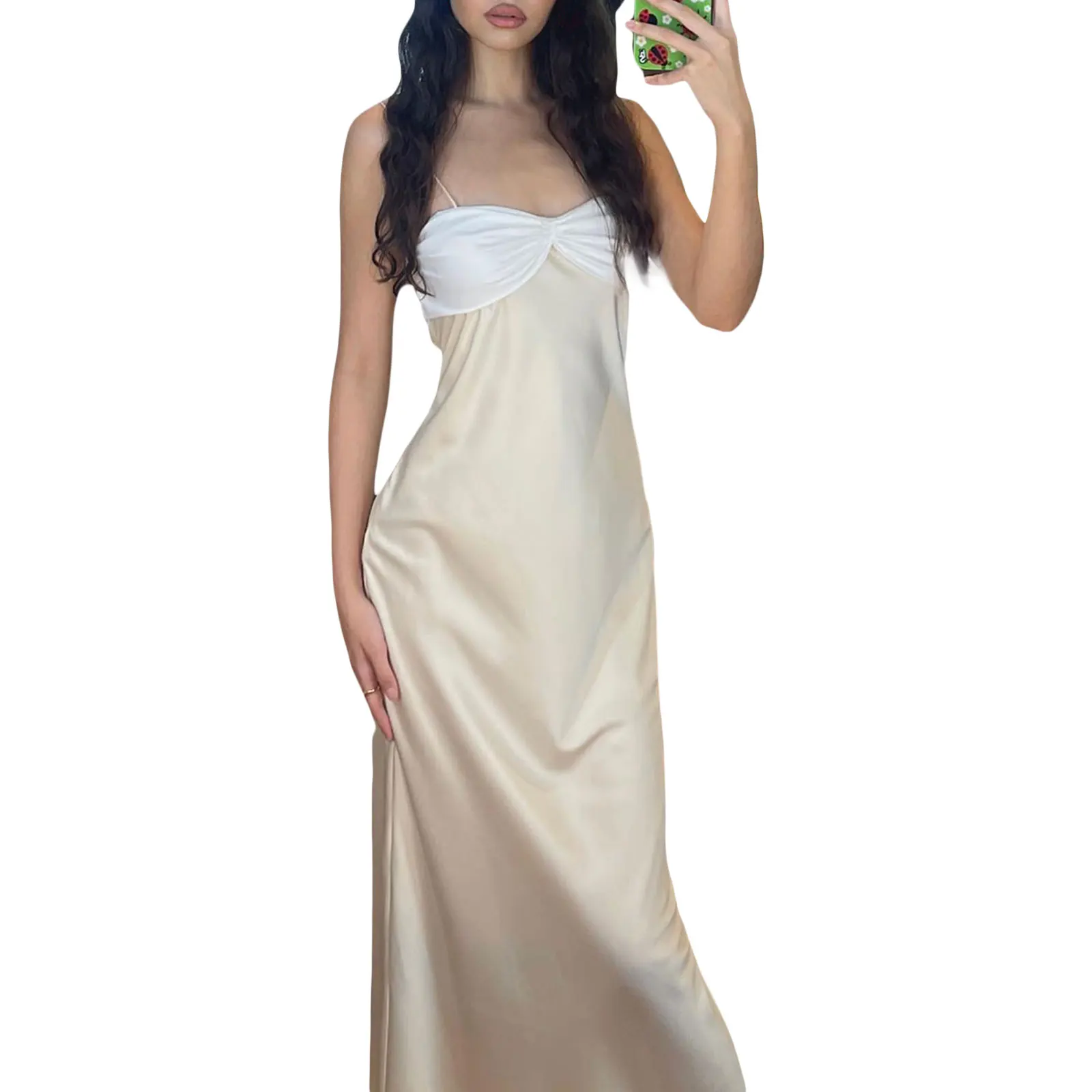 2023 Womens Summer Chic Satin Patchwork Long Dress Sleeveless Spaghetti Strap Bow Front Contrast Color Beach Sundress 
2023 Womens Summer Chic Satin Patchwork Long Dress Sleeveless Spaghetti Strap Bow Front Contrast Color Beach Sundress