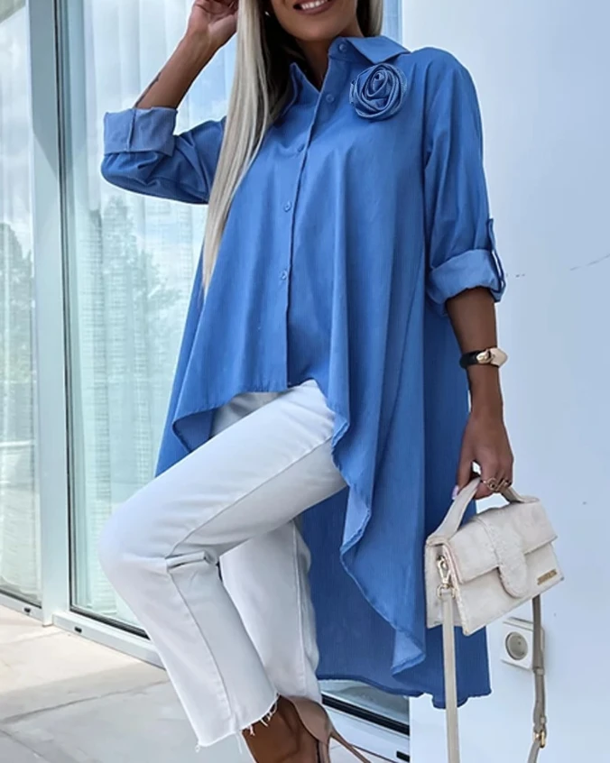 Women's Shirt Top Elegant Casual Rose Detail Turn-down Collar Roll Up Long Sleeve Button Asymmetrical Hem Oversized Blouses Top
Women's Shirt Top Elegant Casual Rose Detail Turn-down Collar Roll Up Long Sleeve Button Asymmetrical Hem Oversized Blouses Top