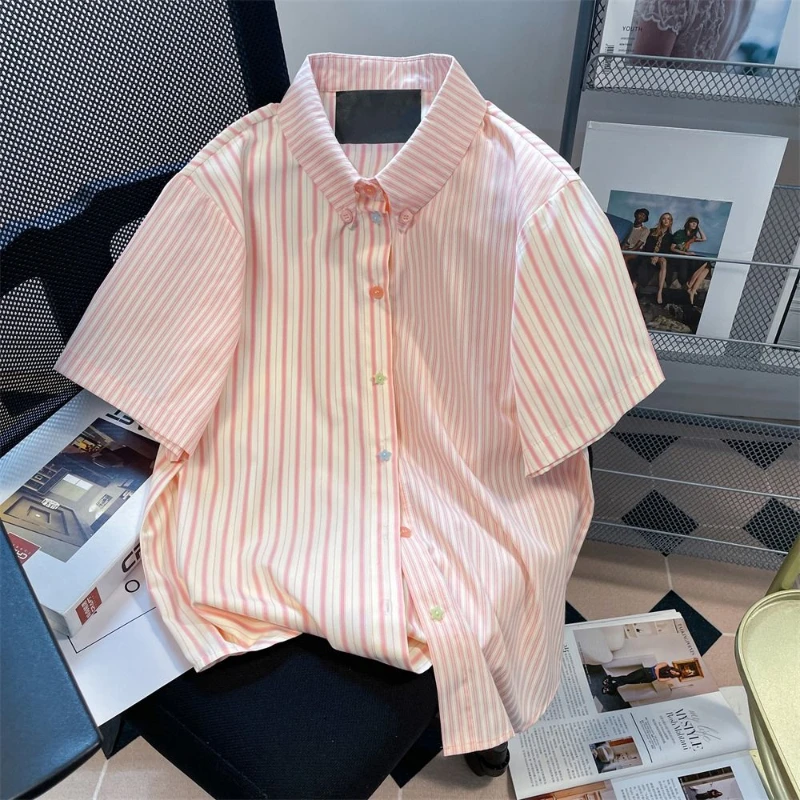 

EBAIHUI Pink Stripe Spliced Shirt Summer Preppy Style Women's Short Sleeved Blouse Cute Colorful Button Korean Edition Blusas