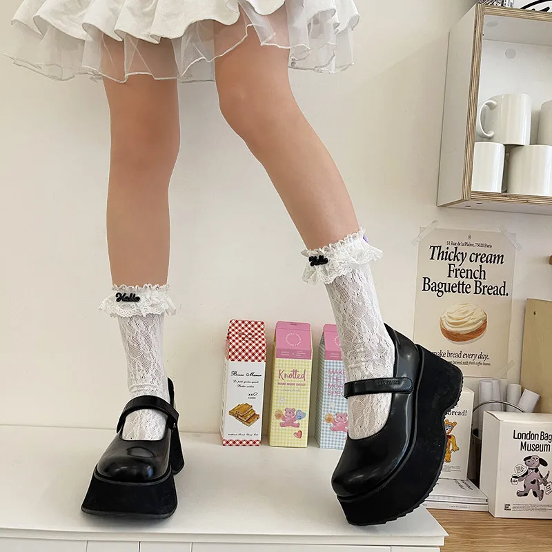 

Sweet Lolita Middle Tube Socks For Girls Acrylic Letter Lace Socks JK Soft Cotton Breathable Sock Casual Kawaii Female Sokken