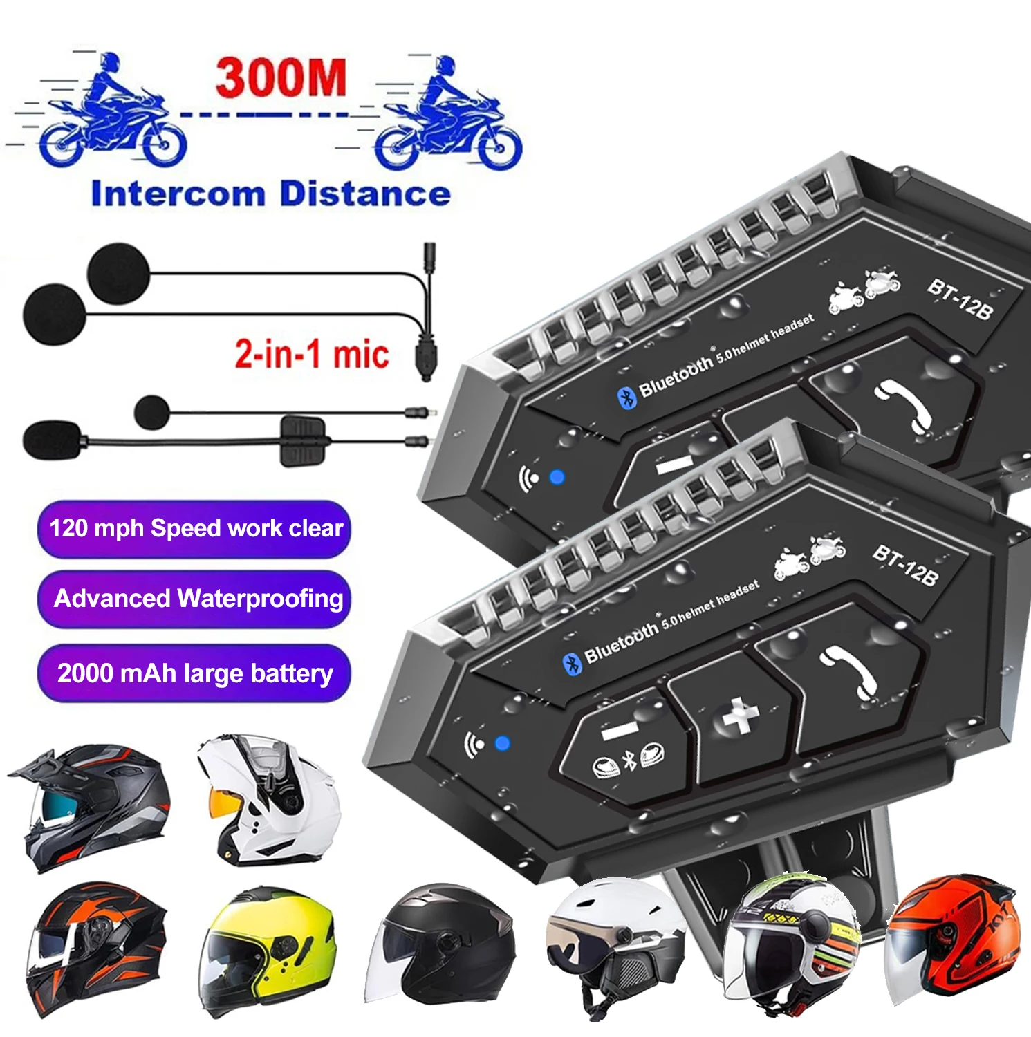 

BT12B Motorcycle Helmet Headset Motorcycle Intercom 2 Rider Talk At The Same Time Waterproof Interphone Full Duplex With DSP CVC