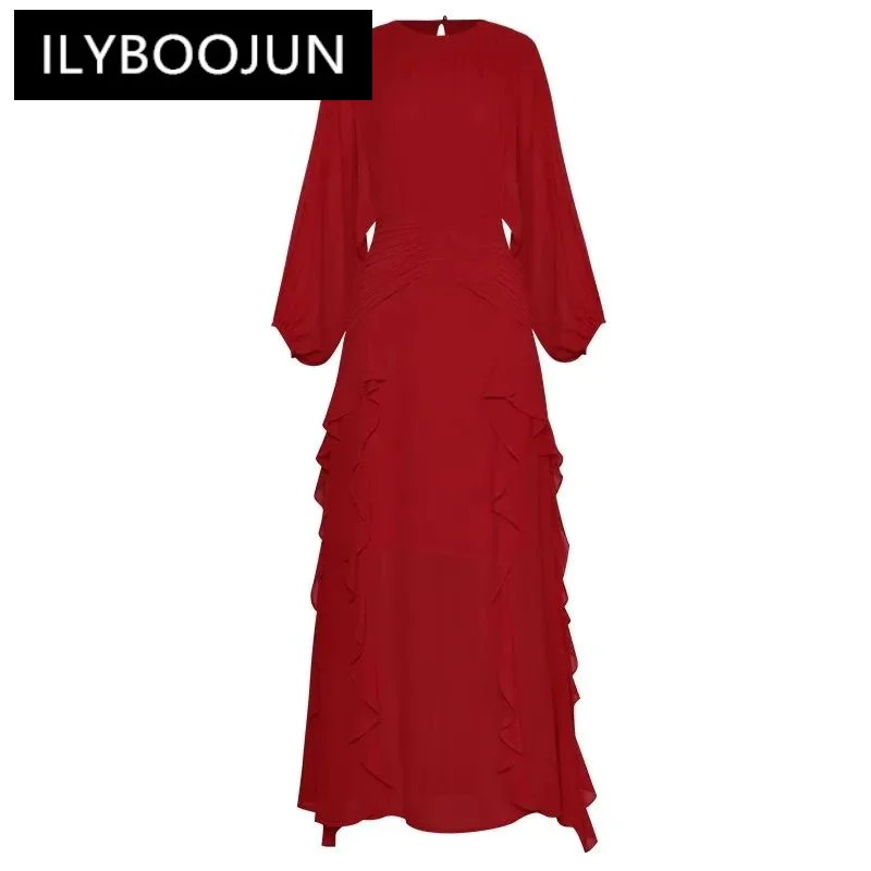 

Модное дизайнерское весенне-летнее женское платье ILYBOOJUN с рукавами-фонариками, рюшами и высокой талией, элегантные ярко-красные платья