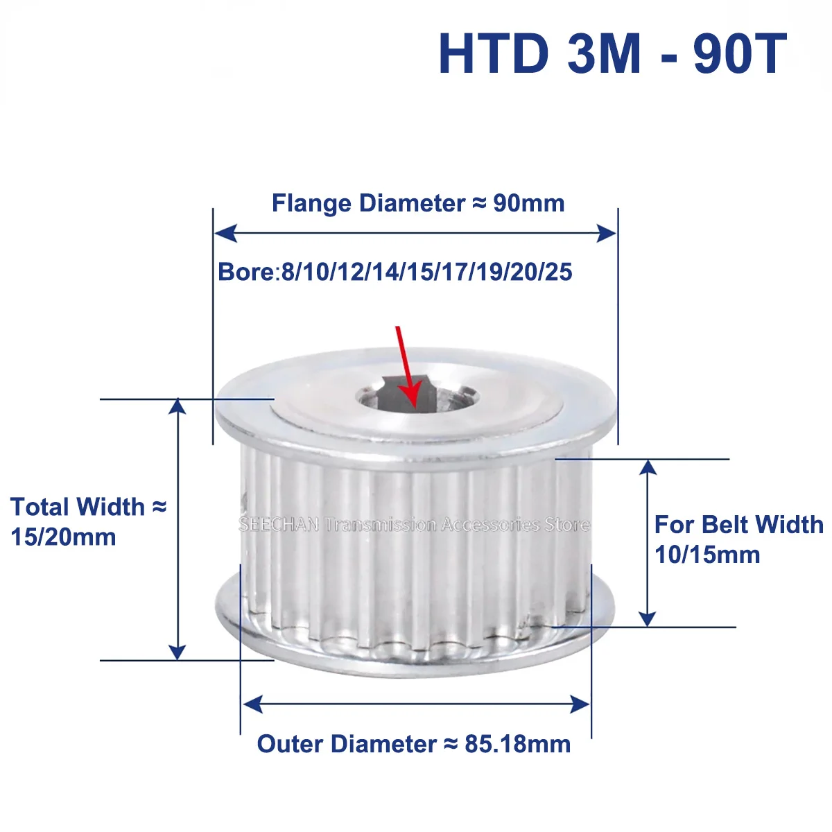 90 Teeth HTD 3M Synchronous Pulley Bore 5/6/8/10/12/14/15~25mm for Width 10mm 15mm HTD3M Timing Belt HTD3M Pulley Wheel 90Tooth
90 Teeth HTD 3M Synchronous Pulley Bore 5/6/8/10/12/14/15~25mm for Width 10mm 15mm HTD3M Timing Belt HTD3M Pulley Wheel 90Tooth