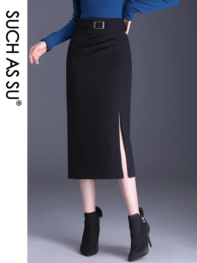 

SUCH AS SU Fall Winter Pencil Skirt Women 2023 Black Coffee Woolen High Waist Skirt S-3XL Plus Size Split Mid Long Skirt Female