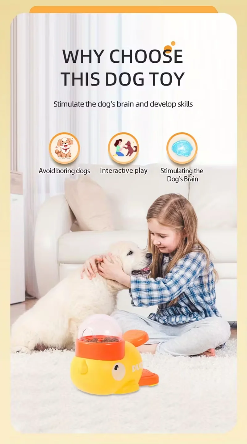 Interactive Dog Feeding Toy | Automatic Cartoon Duck Design A young girl in a plaid shirt sitting on a white rug, petting a Golden Retriever puppy next to the interactive dog feeding toy. Three icons above them highlight the benefits: "Avoid boring dogs," "Interactive play," and "Stimulating the Dog’s Brain."